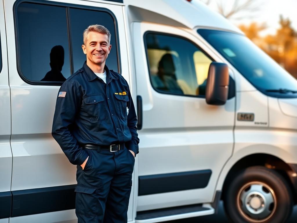 Stewardship Transit driver beside a company van